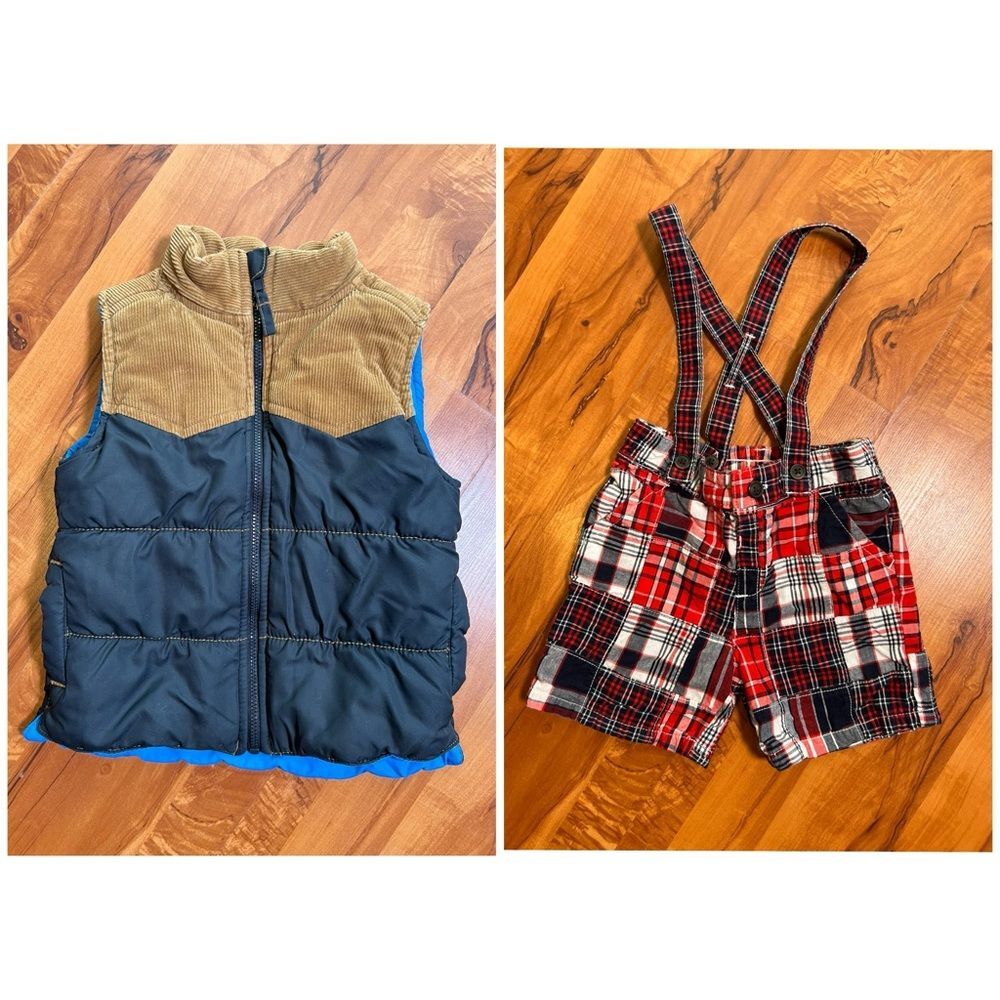 Bundle - puffer vest and plaid overalls ▪️ excellent pre-loved condition
